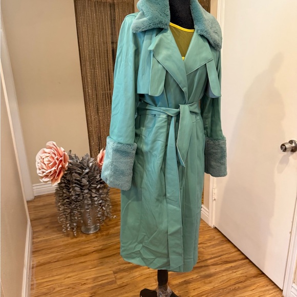 Forever 21 Aqua Trench Coat with Faux Fur - Picture 2 of 7